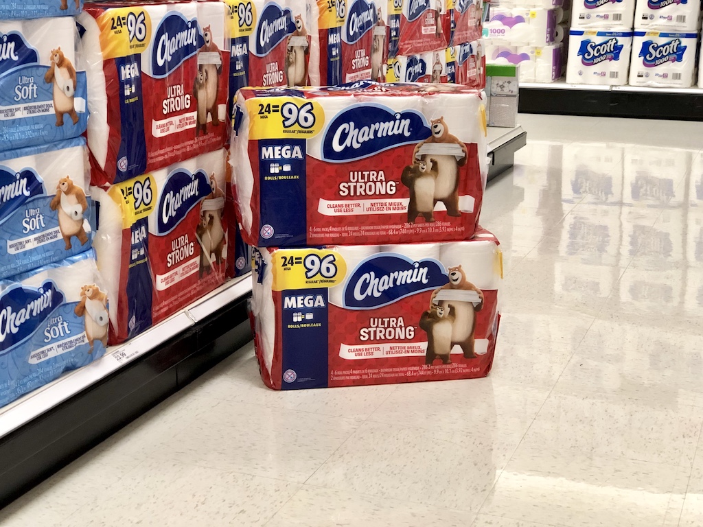 Two Packages Charmin Ultra Strong stacked on top of each other in the aisle at Target