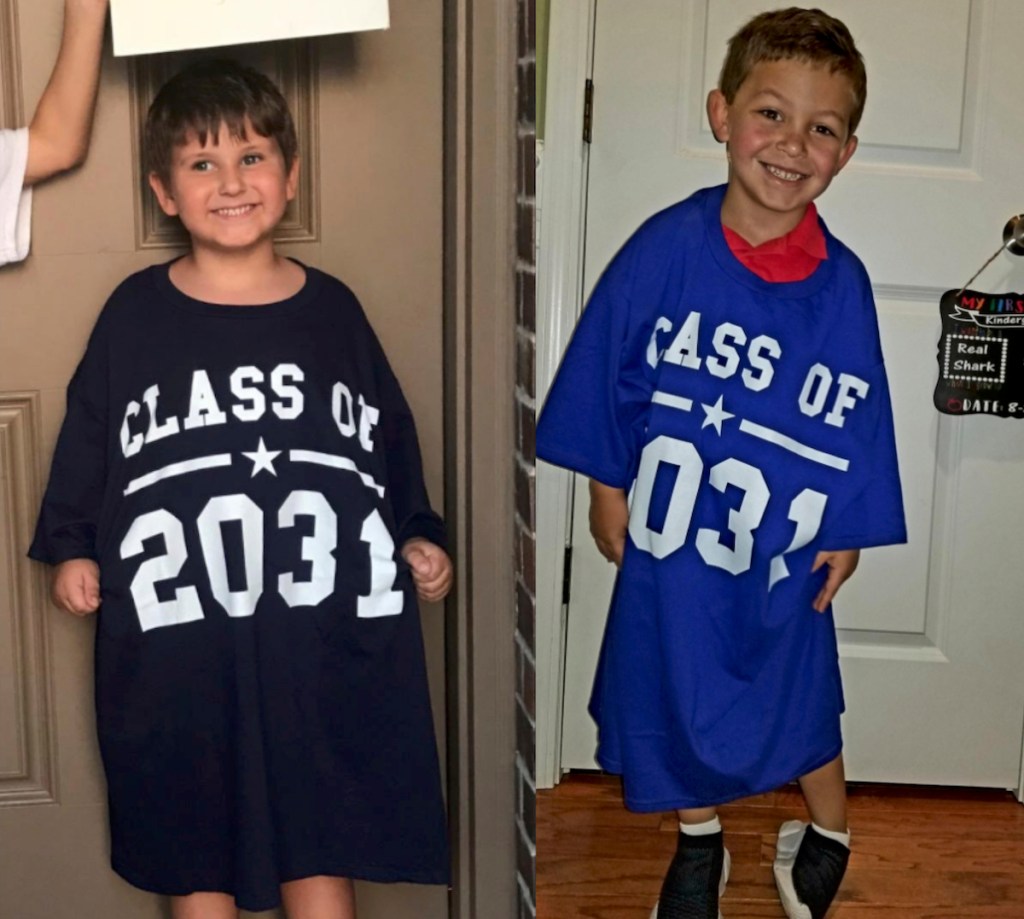 two boys wearing blue class of 2031 shirts
