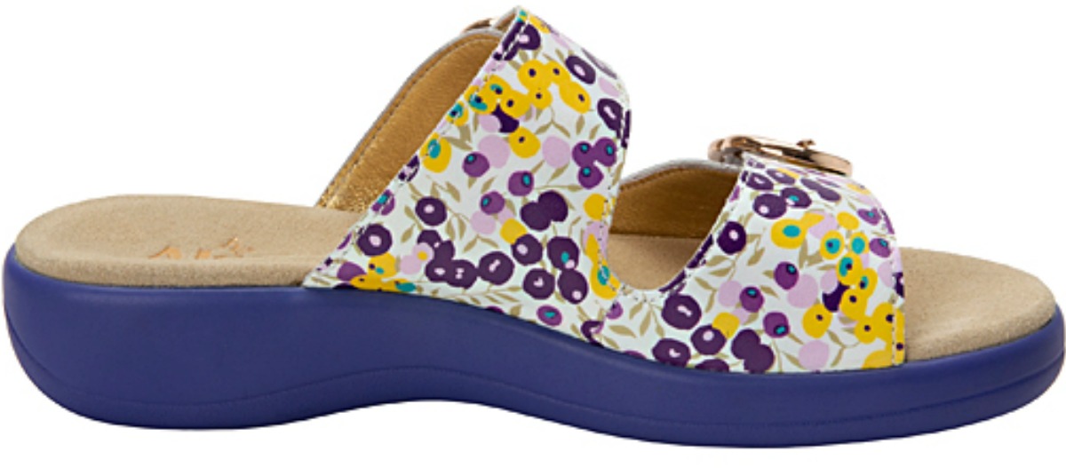 purple pink and yellow dotted sandals with purple heal
