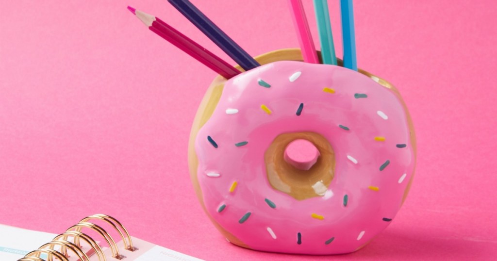 Donut pen holder with colored pencils 