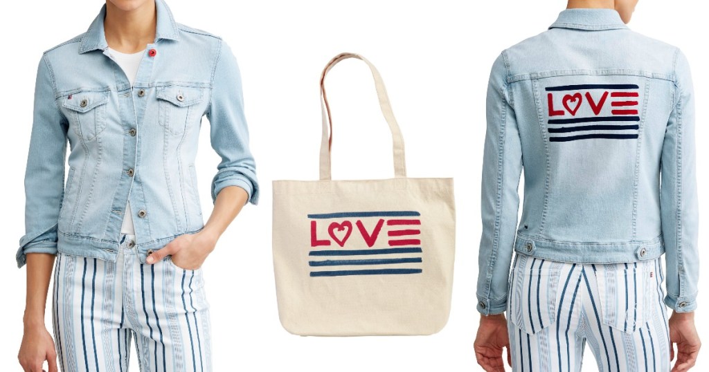 Woman wearing EV1 from Ellen DeGeneres Love Flag Bleached Denim Jacket