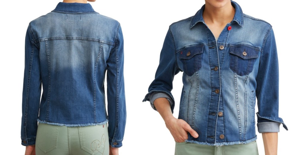 Woman wearing EV1 from Ellen DeGeneres Patchwork Denim Jacket