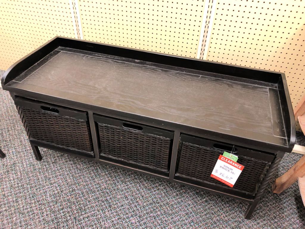 Dark Brown Entry Storage Unit with Three Wicker Baskets in hobby lobby