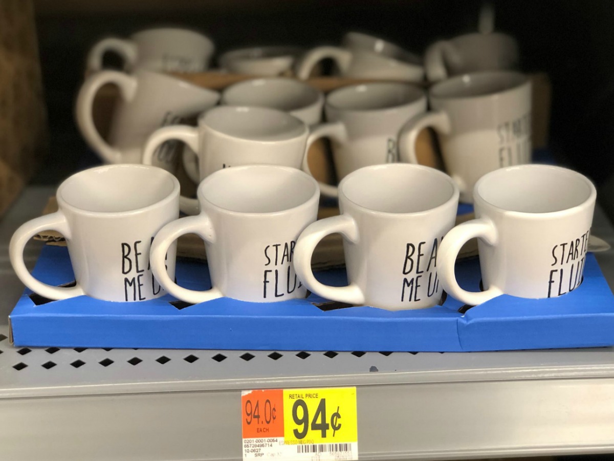 white espresso mugs with bean me up on them on a Walmart shelf