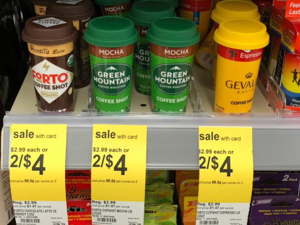 Walgreens shelf full of Forto, Green Mountain, and Gevalia coffee shots with sale tags