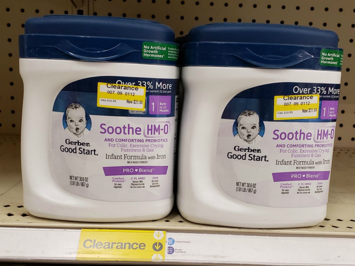 gerber good start formula canisters with clearance tag sitting on Target shelf