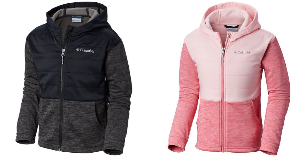 black and pink Columbia Girls Hayden Summit Hybrid Hoodie