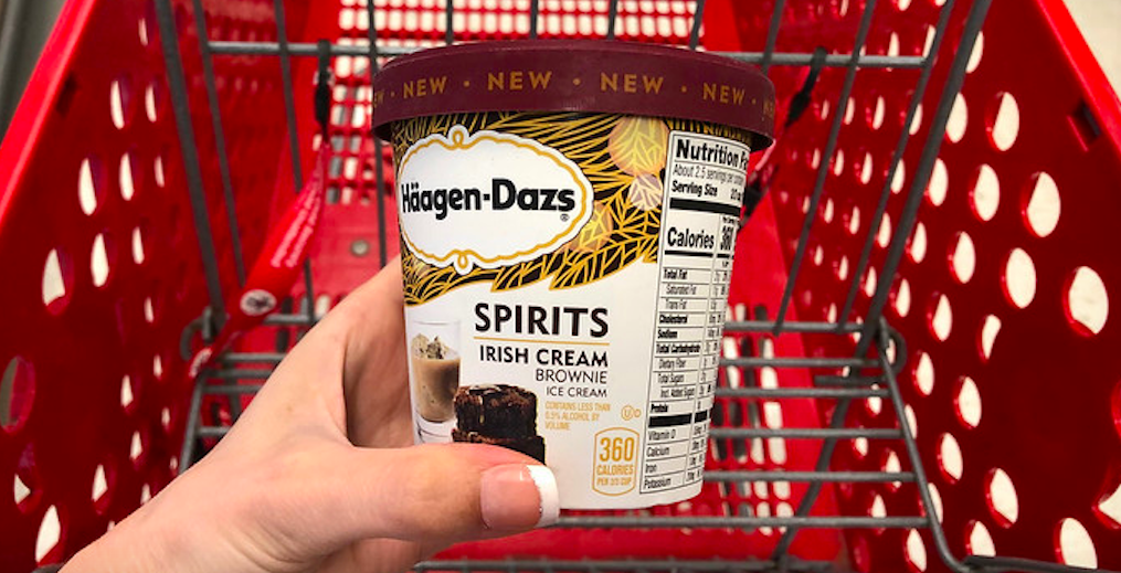 Woman holding Haagen Dazs Irish Cream Spirits Ice Cream