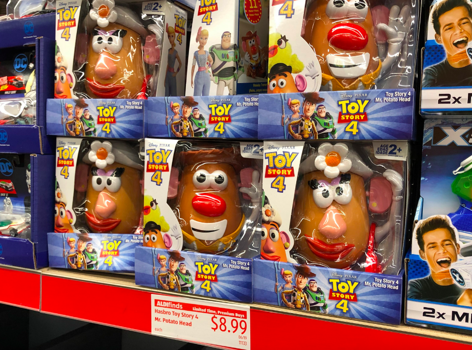 Store display of Hasbro Toy Story 4 Mr. Potato Heads at ALDI