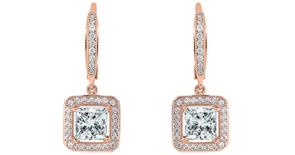 cate & chloe 18k gold princess cut halo drop earrings 