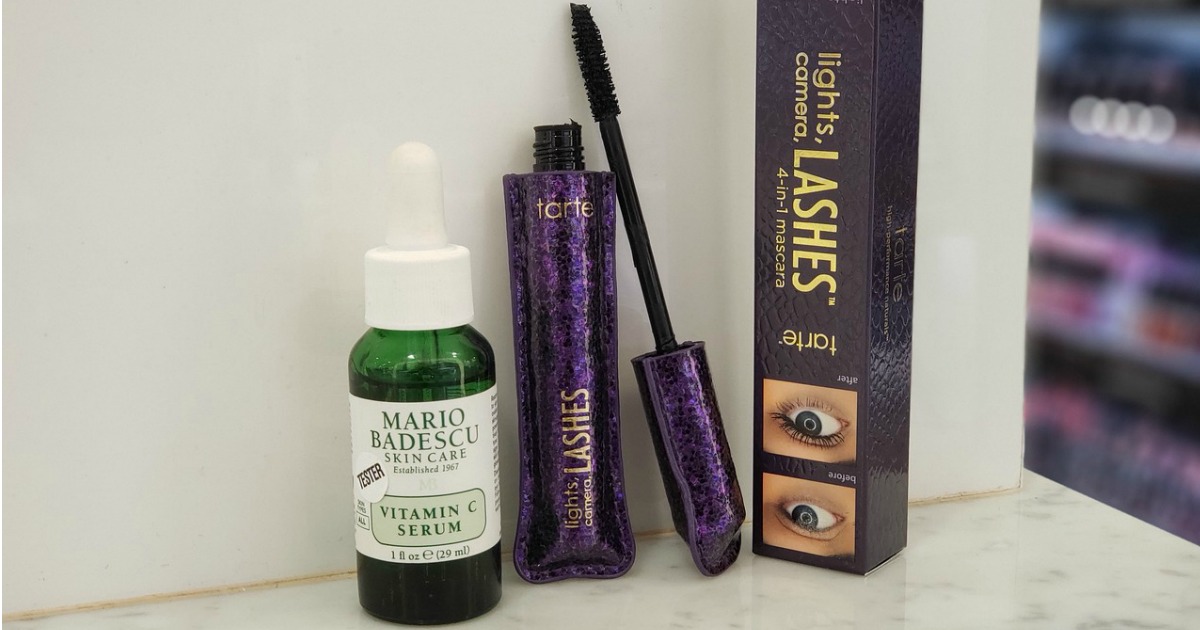 vitamin serum and mascara on shelf at store