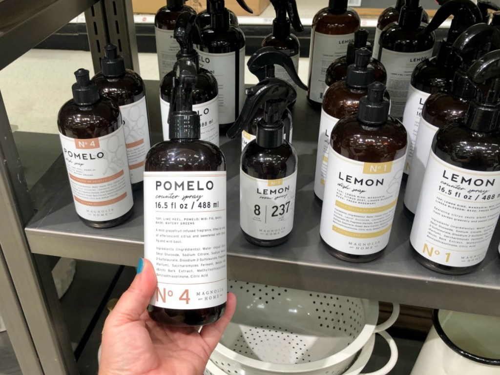 Magnolia cleaning products in brown bottles on shelf