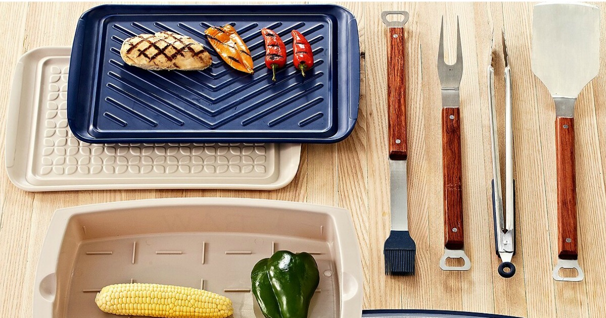 Martha Stewart Collection grilling items sitting on a wooden table