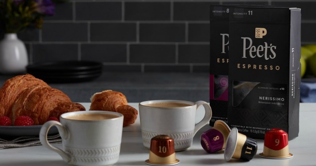pack of Peet's espresso capsules by two cups