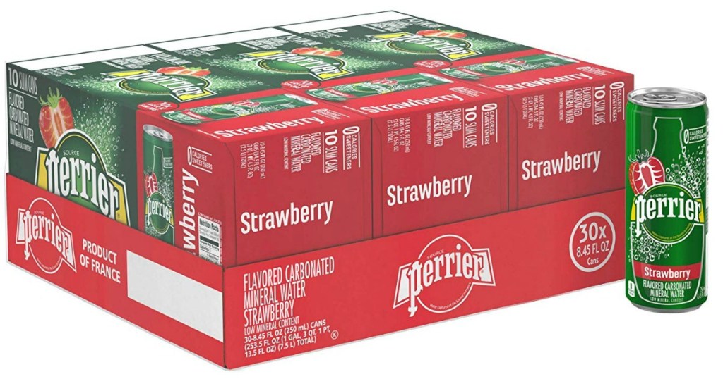 a box of Perrier Strawberry Flavored Mineral Water 30ct Slim Cans