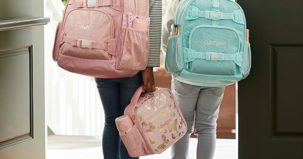 2 girls with pottery barn backpacks and lunch bag