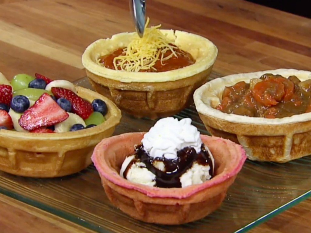 waffle bowls with ice cream, fruit and more