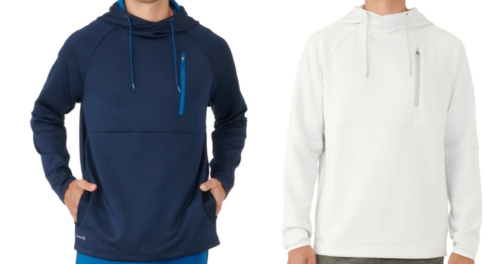 two men each modeling - one a blue hoodie and the other a white hoodie