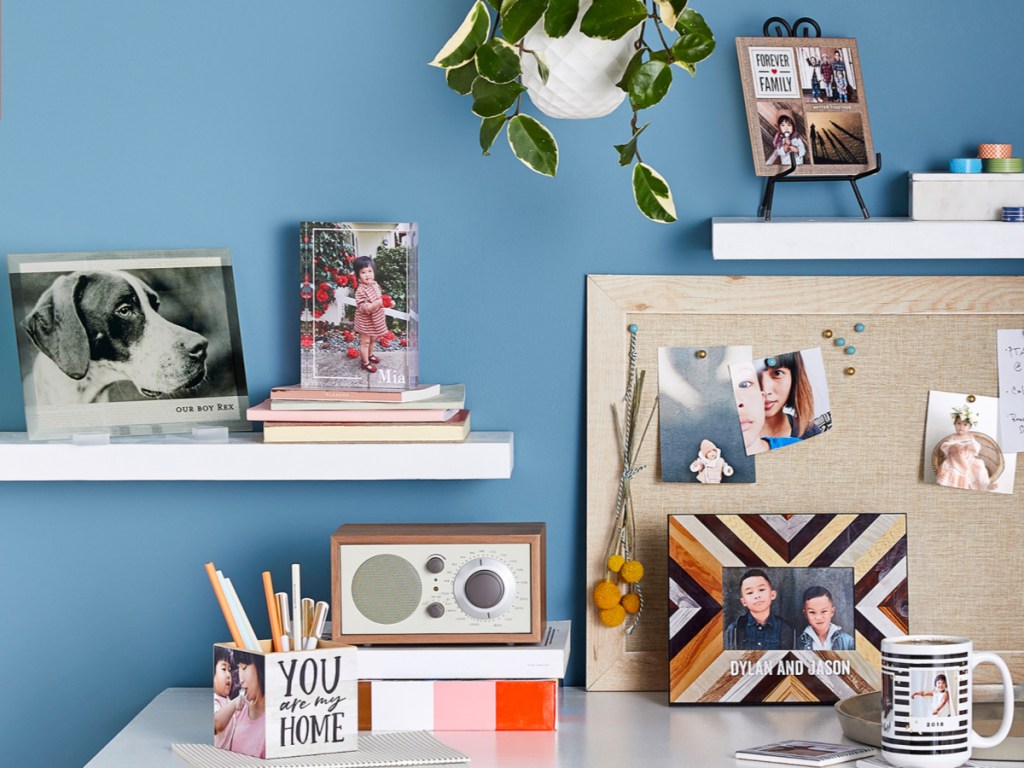 dek with cork board, pencils, pant, and Rectangle Desktop Plaque