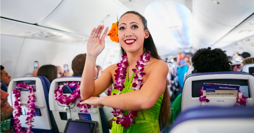 Flight Attendant in Hawaiian Attire on Southwest Airlines flight