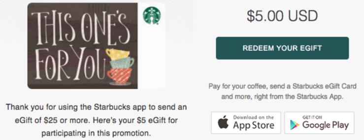 Screenshot of images from email sent for Starbucks $5 bonus egift card offer