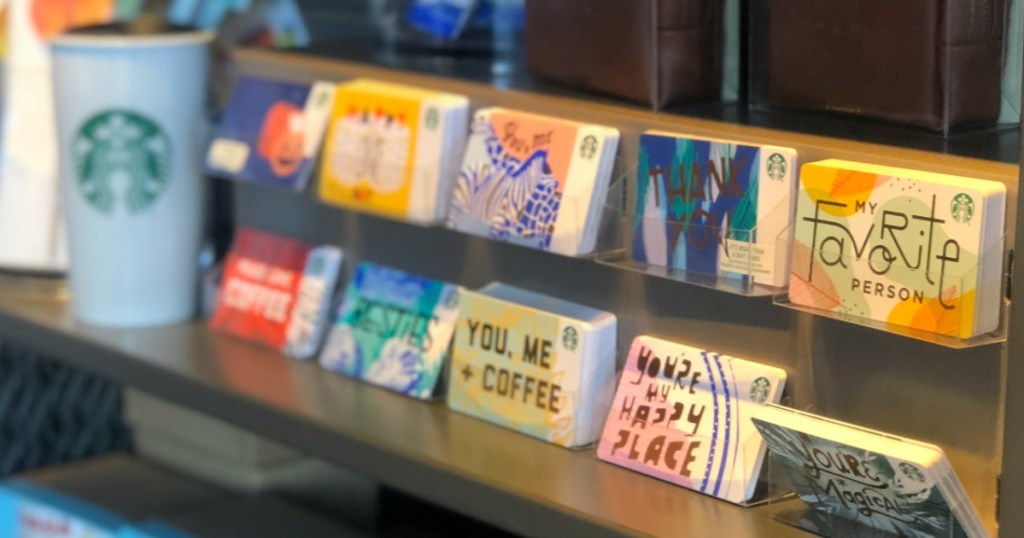 Starbucks gift cards on shelf