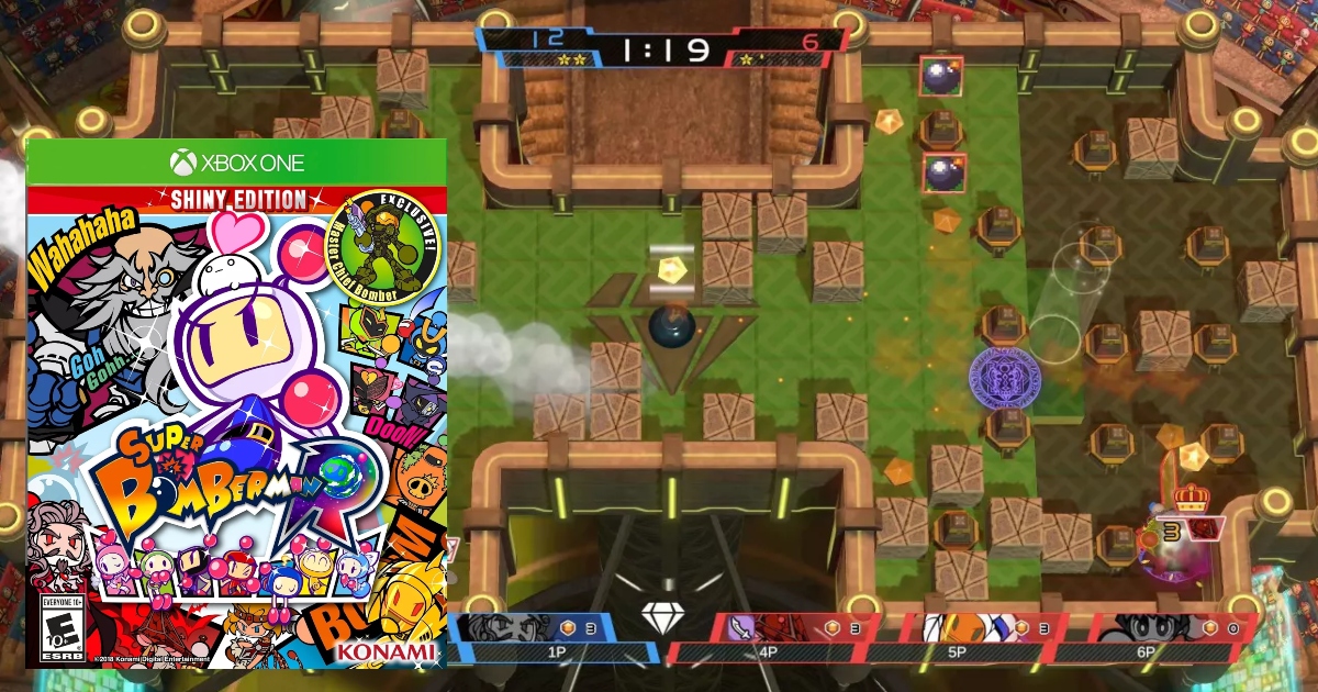 Super Bomberman Game for Xbox one, screenshot of game in live action with image of game cover to the left of the picture