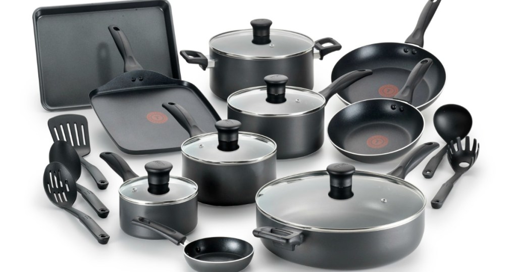 all the pieces of this T-fal Easy Care Thermo-Spot Non-Stick 20-Piece Cookware Set are being displayed together