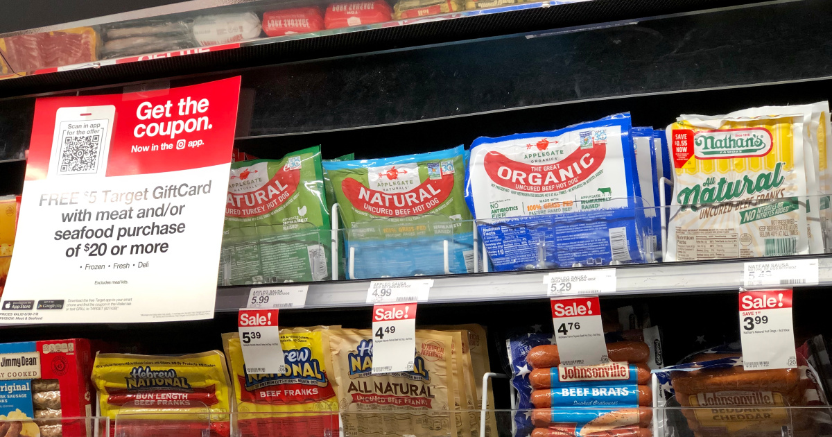 packages of meat and hot dogs in a refrigerated case at Target