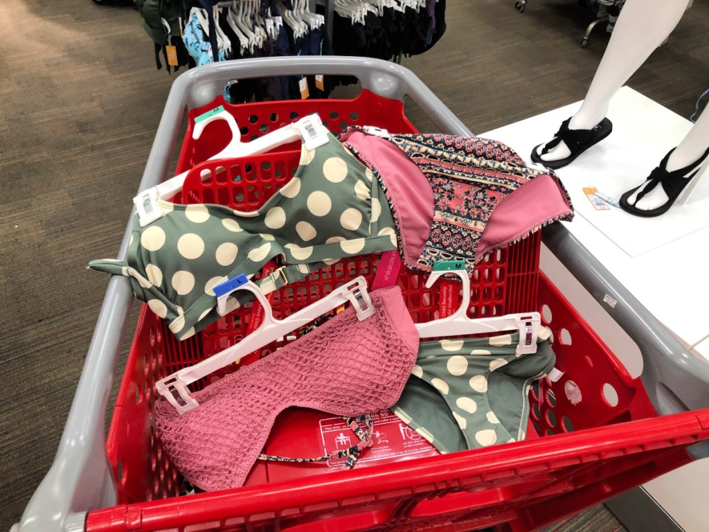 olive and cream color polka dot bikini and mauve knitted bikini in target cart