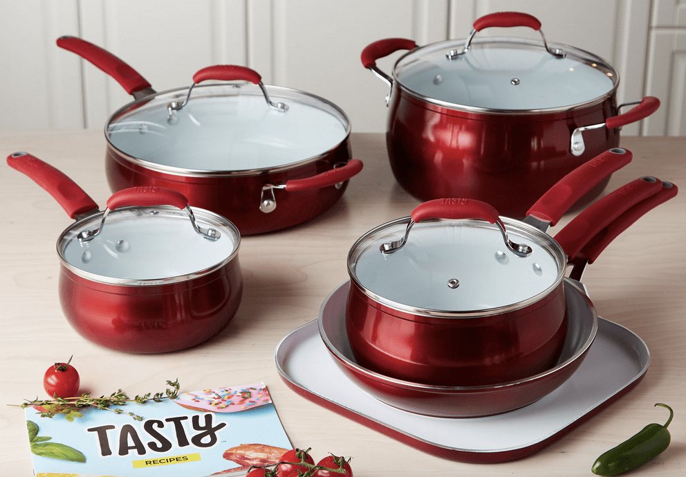 Red set of Tasty Cookware displayed on table