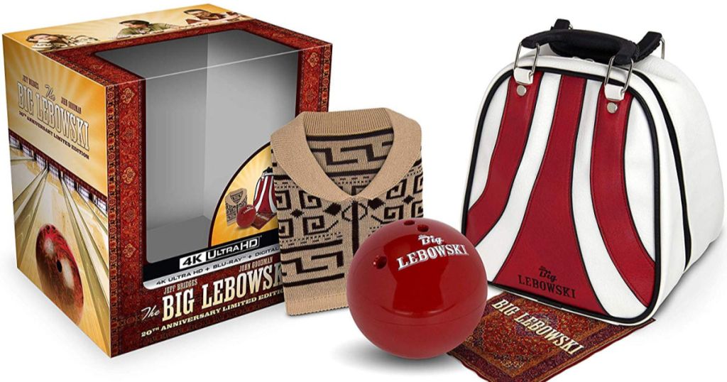 The Big Lebowski 20th Anniversary Limited Edition gift set with collectible bag, ball pencil holder, polishing cloth, and sweater packaging