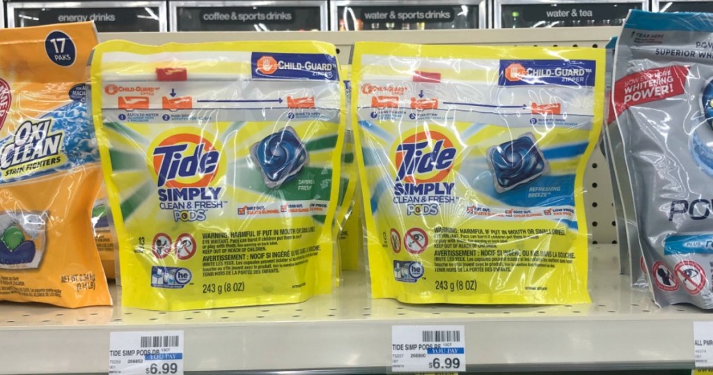 Tide Simply laundry detergent pacs on shelf at Walgreens