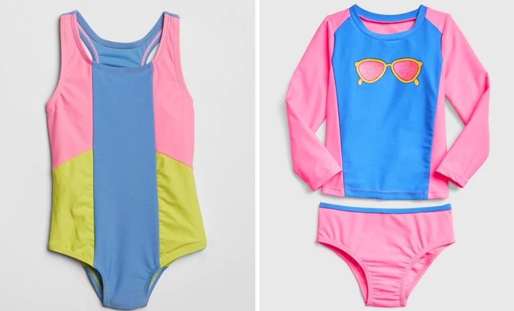 Colorblock pastel swimsuit and pink and blue girls swimsuit with sunglass icon