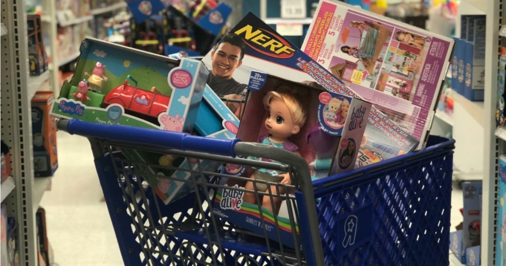 ToysRUs shopping cart filled with toys