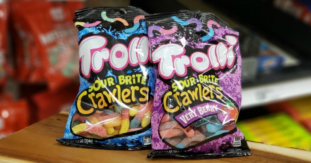 two trolli sour brite crawlers bags on shelf at target