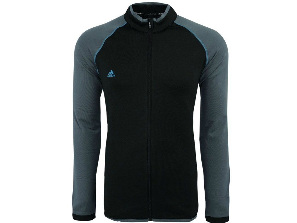 black jacket with light blue sleeves and zipper