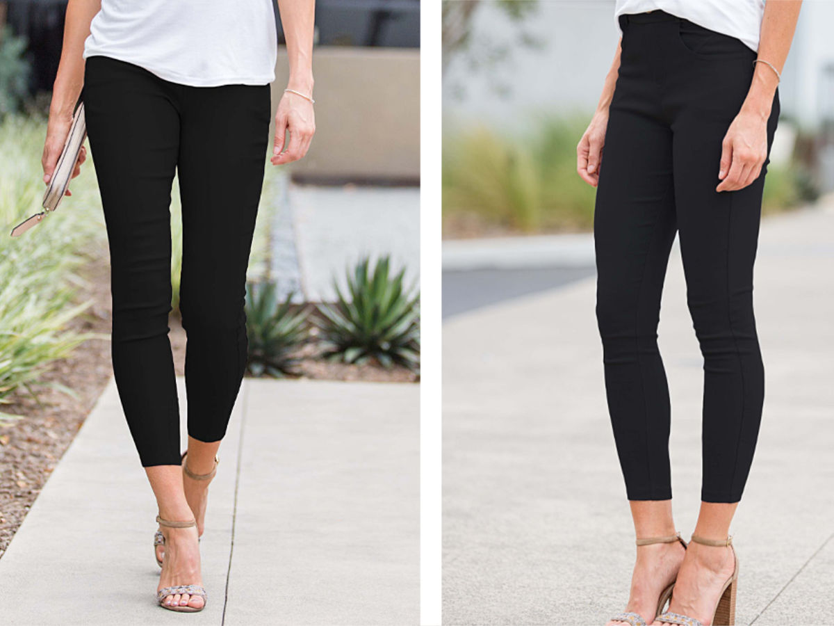 woman wearing amaryllis black crop jeggings outside in heals
