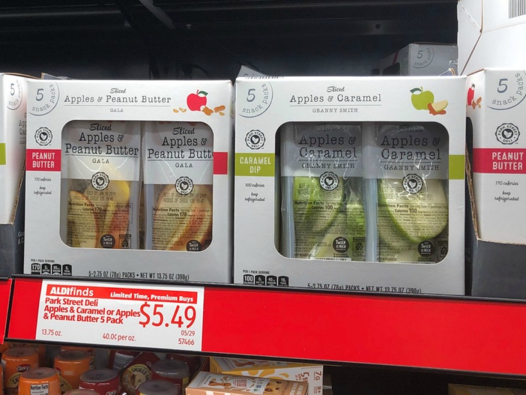 Packs of sliced apples with peanut butter or caramel