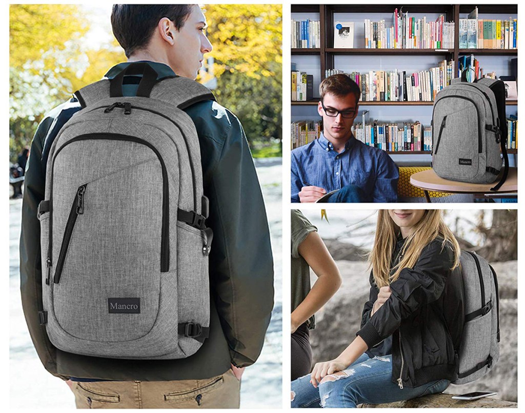 boy wearing backpack with usb charger attached