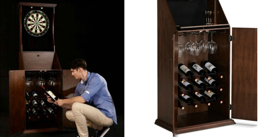 man bending over looking at wine in cabinet