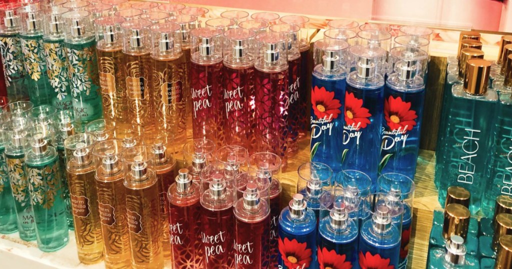 rows of fragrance mists at Bath & Body Works