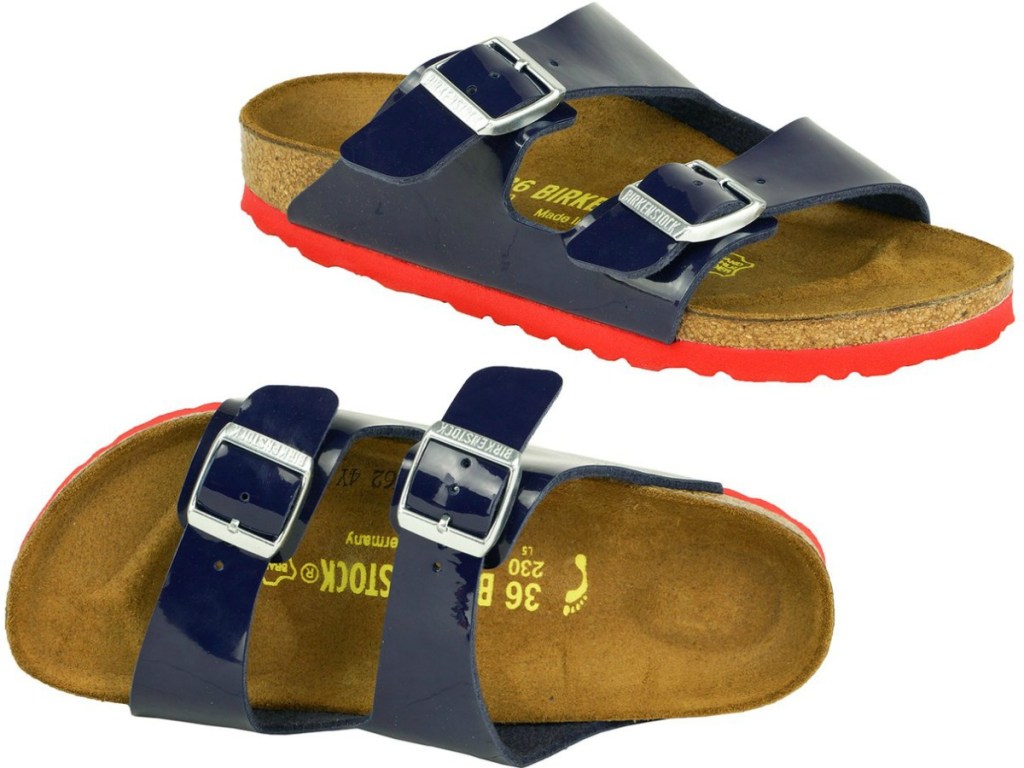 sandals with blue straps and red bottom