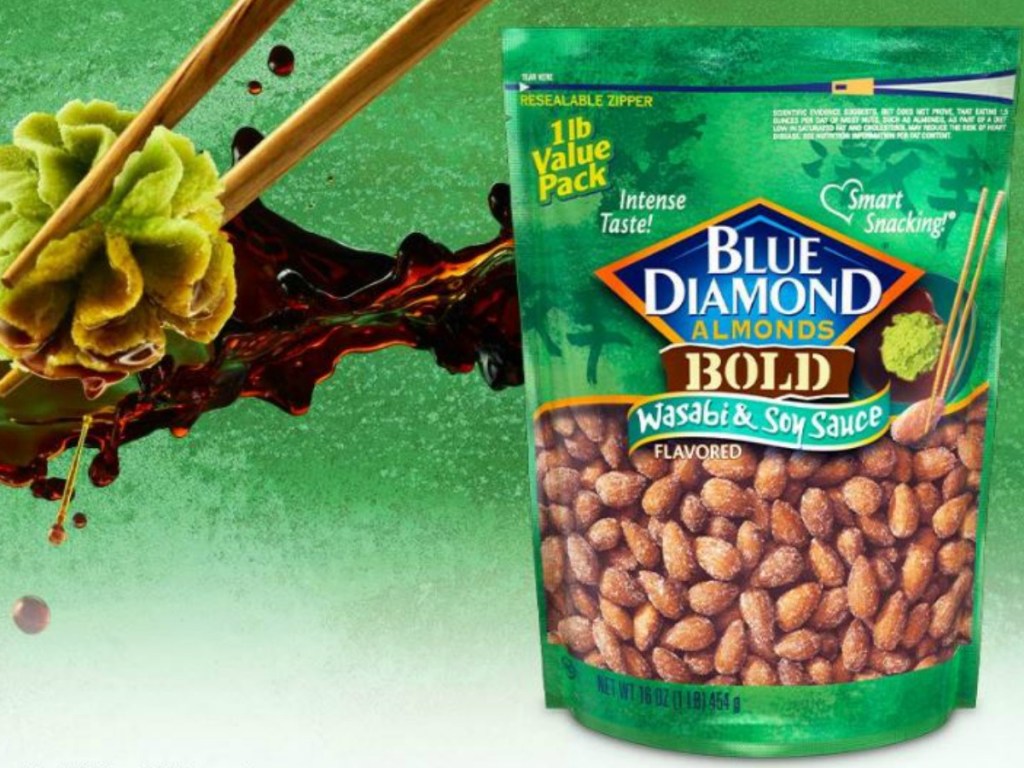 bag of almonds with wasabi and soy sauce in the background