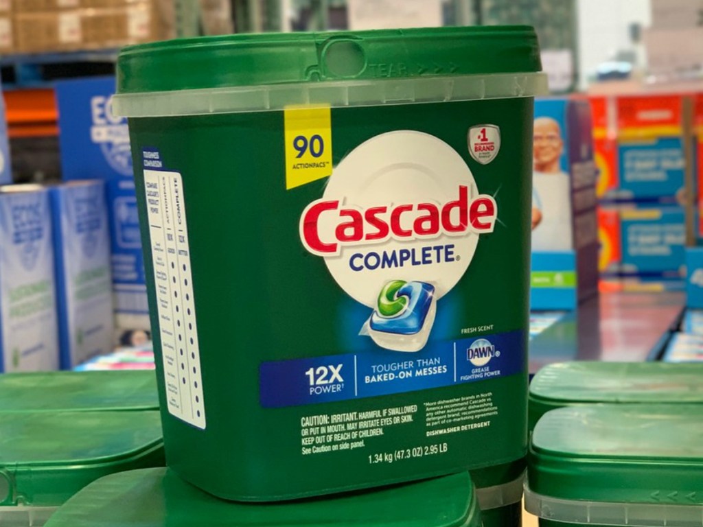 big green bucket of dishwasher detergent in store