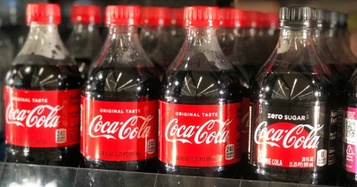 coca cola 20 ounce bottles displayed at store