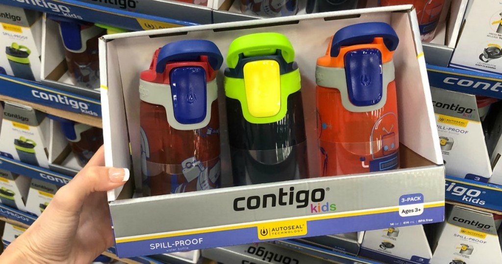 three kids water bottles in a package in store