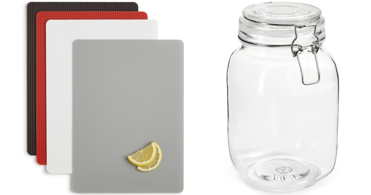 four colored cutting mats and a glass jar
