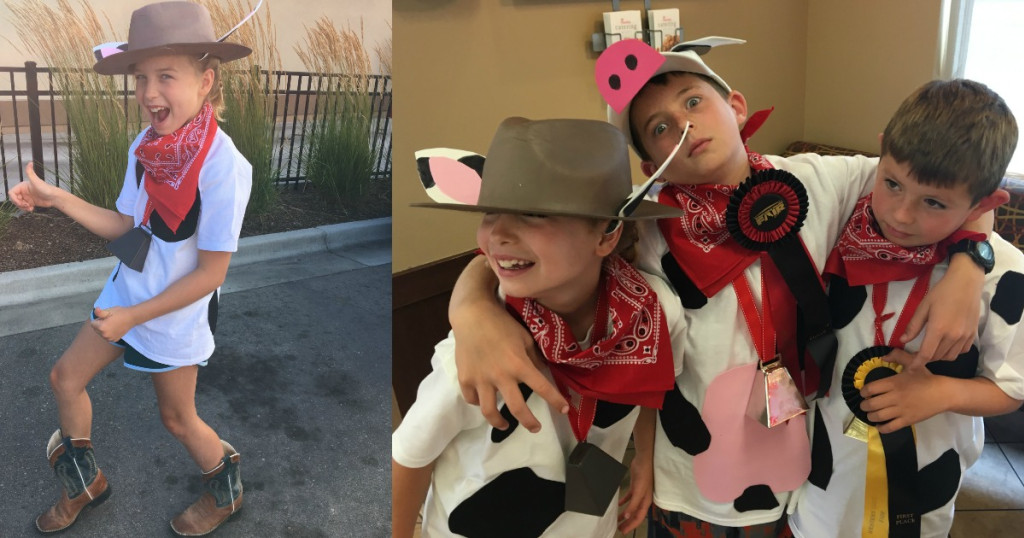 Collin's kids and friend dressed up as cows for chickfila