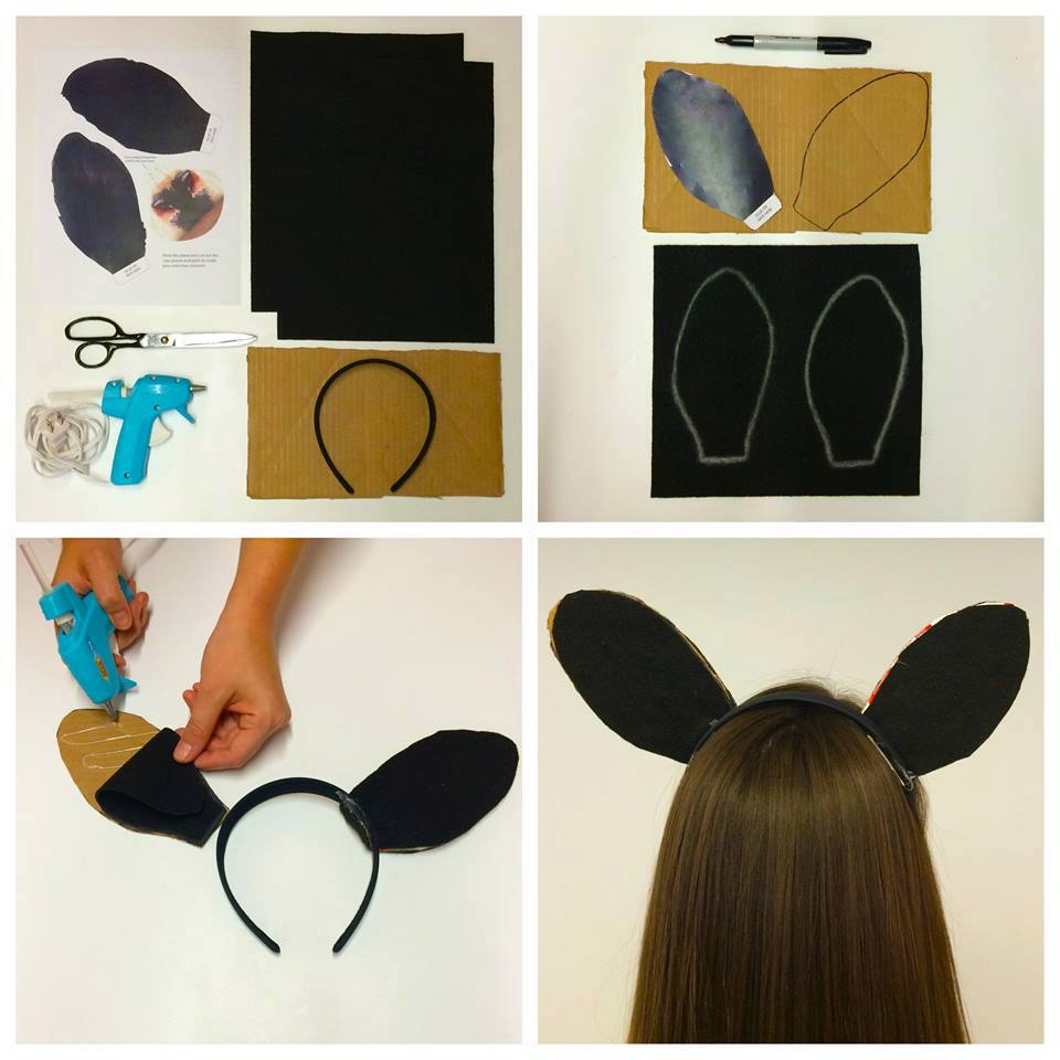 pictorial showing how to cut black felt into ears and glue on cardboard then to headband for cow ears